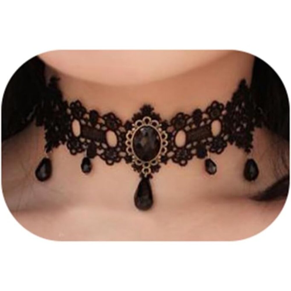 Black Lace Choker Gothic with Crystal for Women Halloween Party Custume Vintage